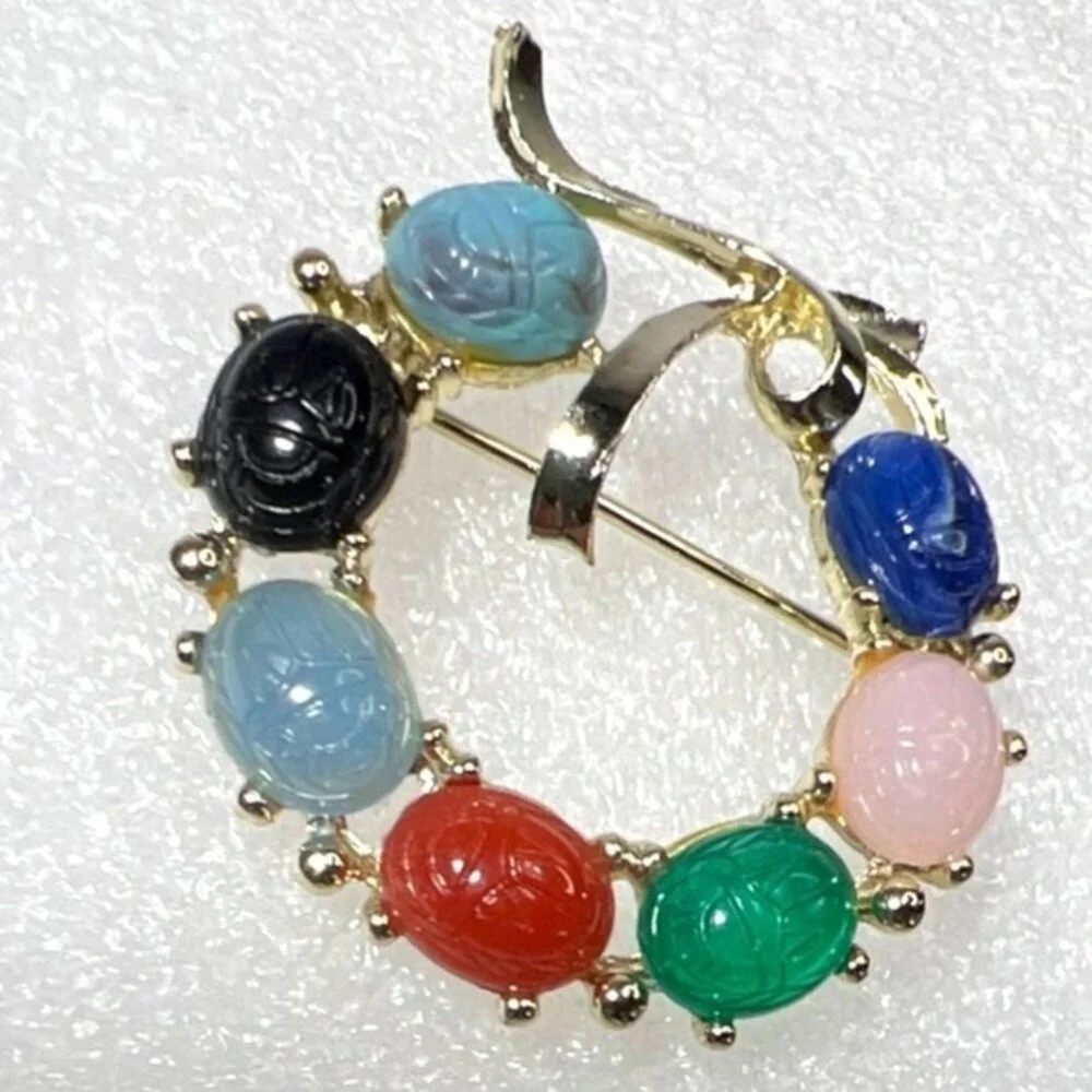 Vintage‎ Egyptian Revival Brooch Pin Scarab Multicolor Beetle Insects Gold Tone